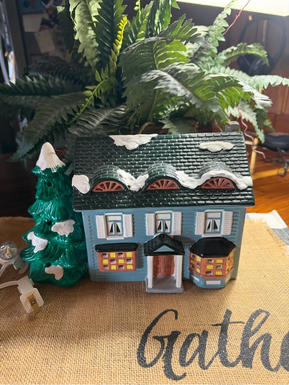 Department 56 Blue Lighted Ceramic House with Green Snowy Tree Springfield house